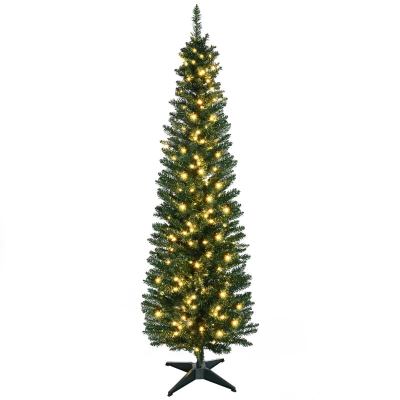 HOMCOM 7' Tall Pre-Lit Slim Noble Fir Artificial Pencil Christmas Tree with 200 Warm White LED Lights and 499 Tips, Green