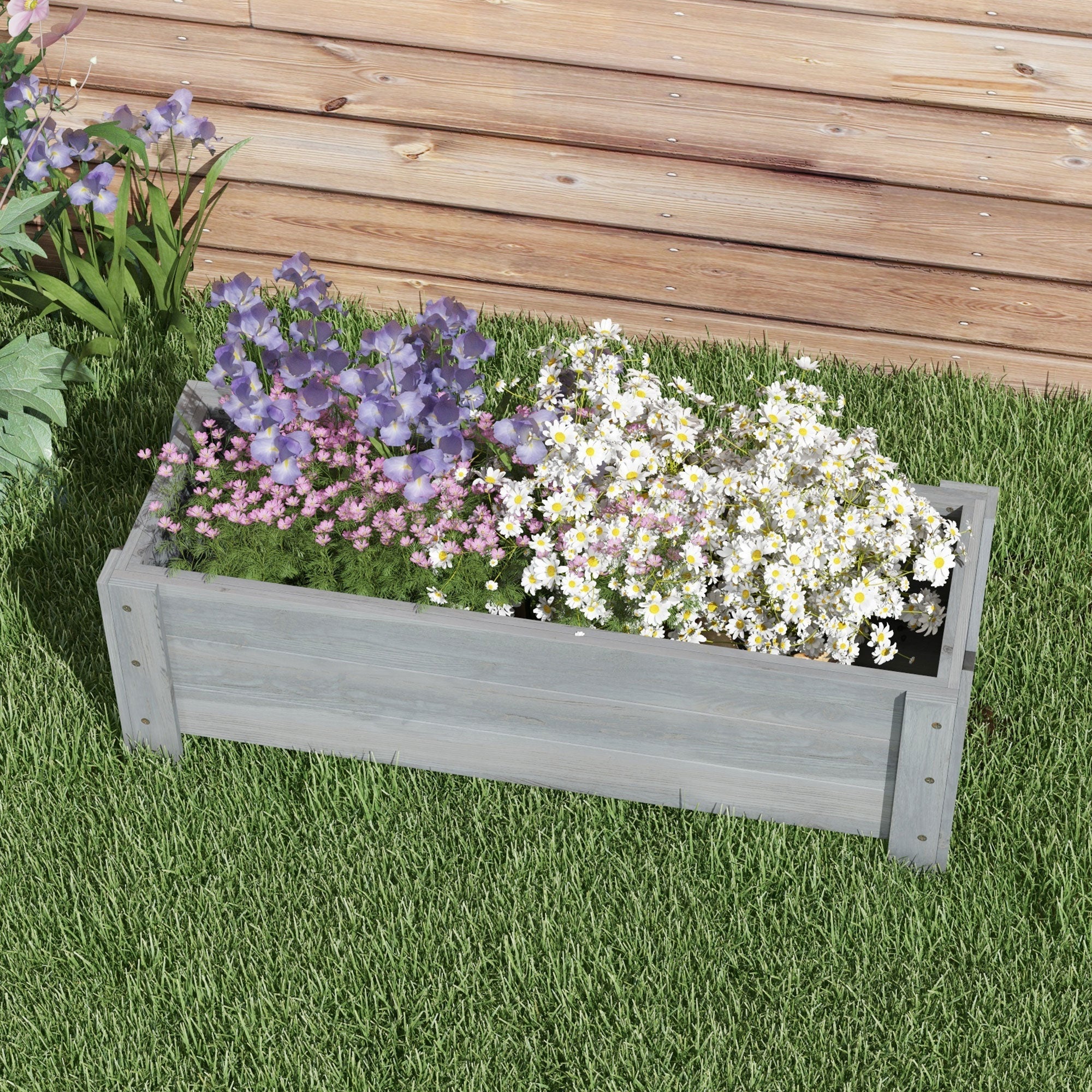 Outsunny Raised Garden Bed 3.3' x 1.2' x 1.2' Fir Wood Leaking Holes Elevated Planter Outdoor Plant Grey