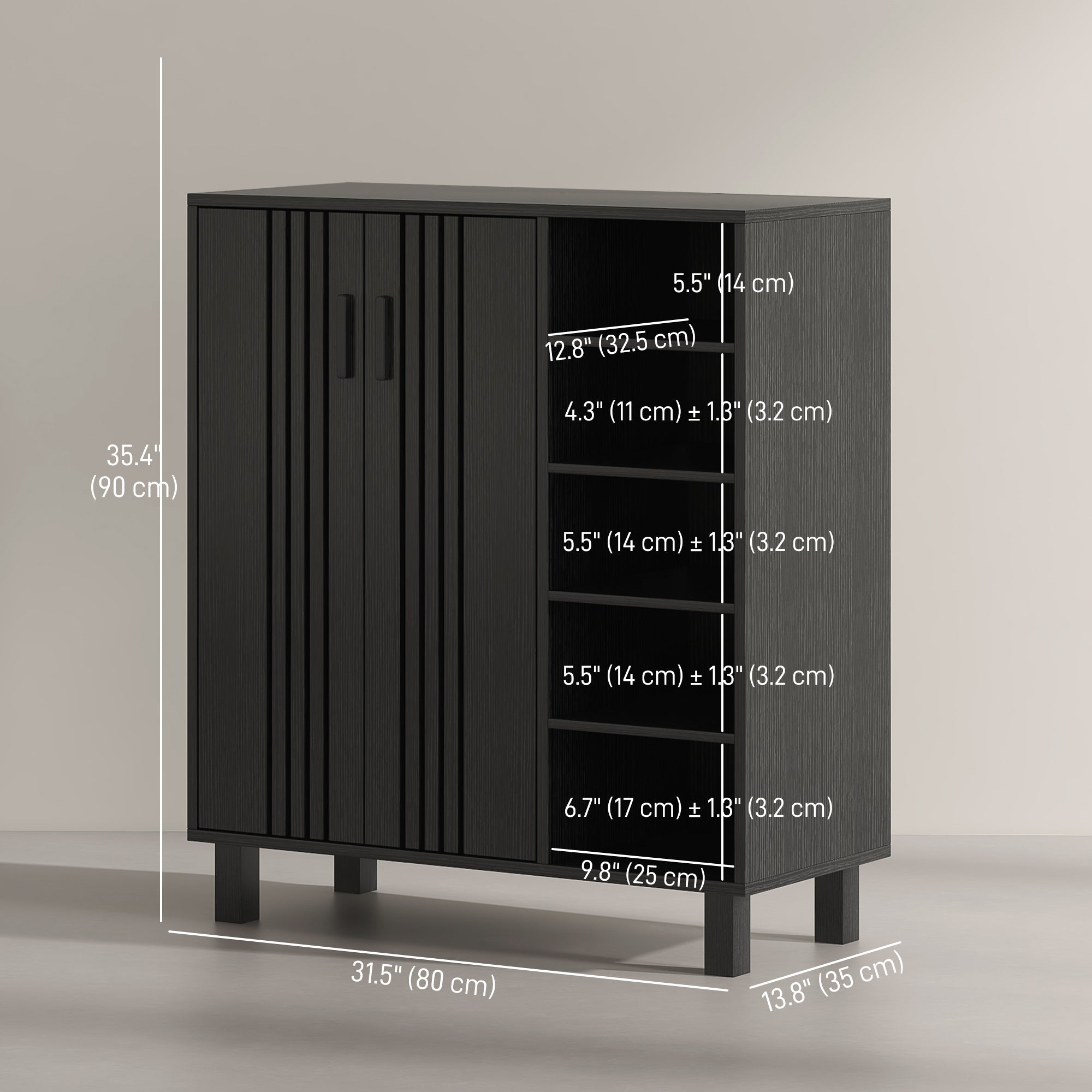 HOMCOM Shoe Storage with Double Doors Open Shelves 17 Pair Shoe Storage Organizer for Entryway Hallway Black