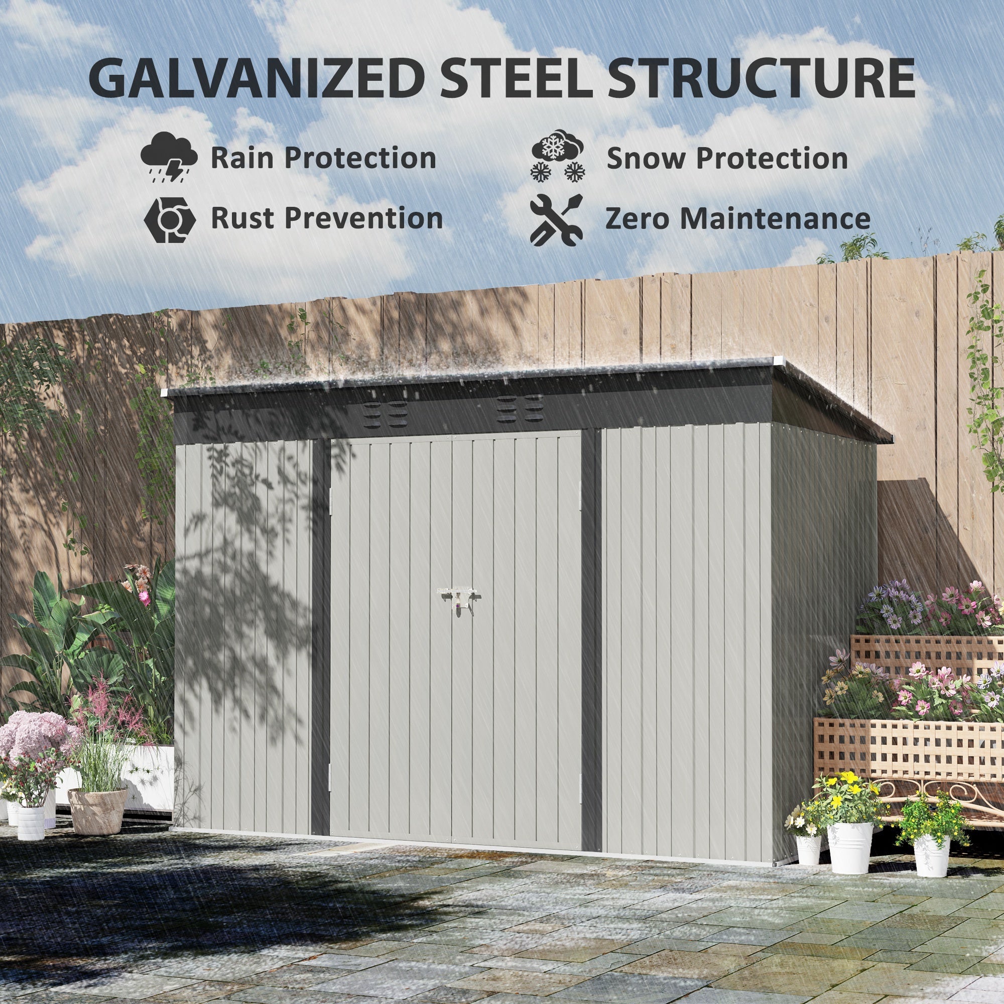 Outsunny 9' x 4' Galvanized Steel Garden Storage Shed with Lockable Doors, Gloves and 2 Air Vents for Backyard, Patio, Lawn