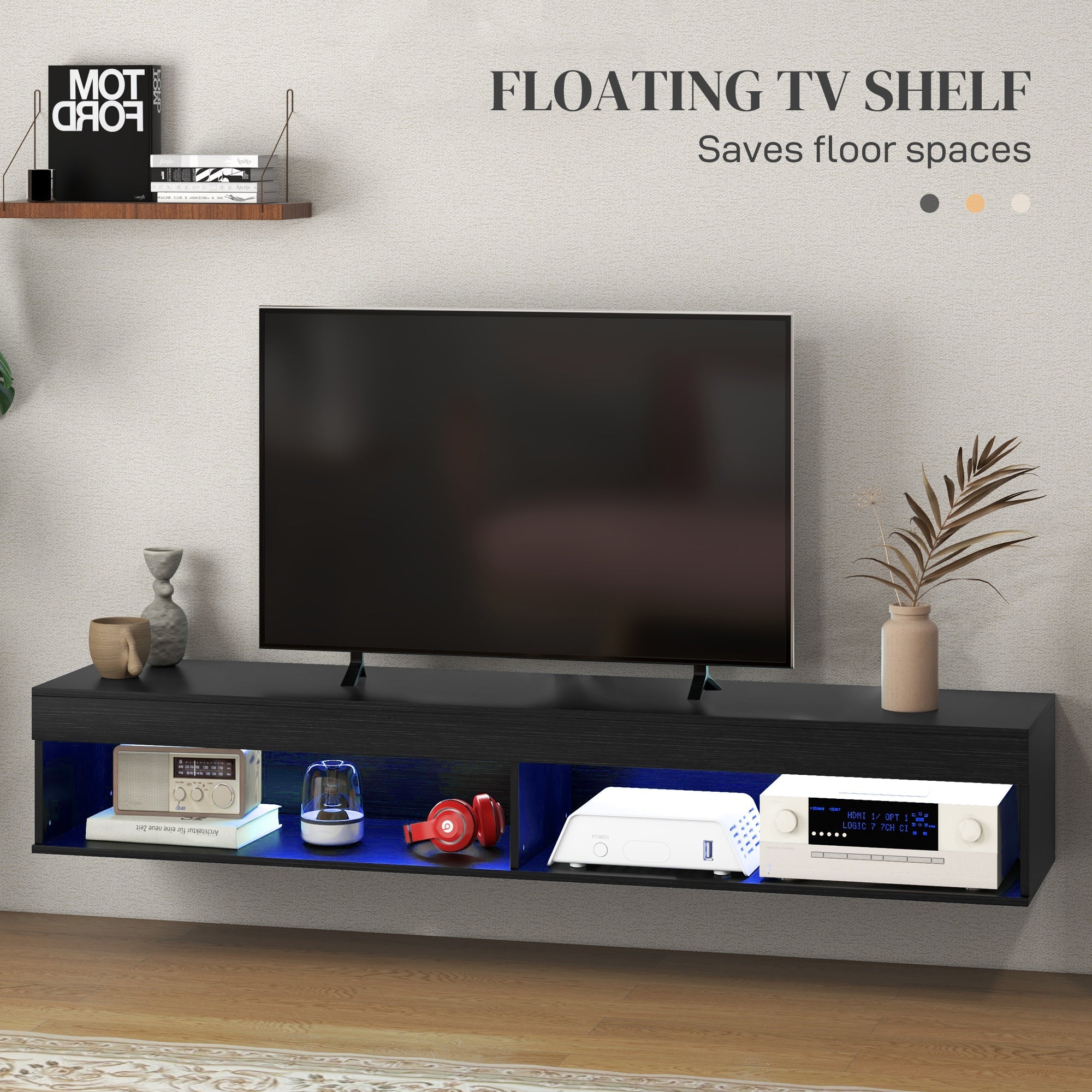 HOMCOM Modern Wall Mounted Floating TV Stand with Storage LED Lights for TVs up to 75" TV Shelf Living Room Black