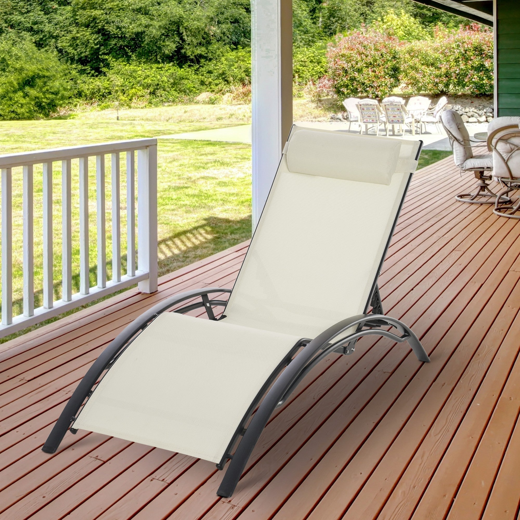 Outsunny Patio Reclining Lounge Chair Outdoor Aluminum Tanning Chair with Adjustable Backrest and Head Pillow Beige
