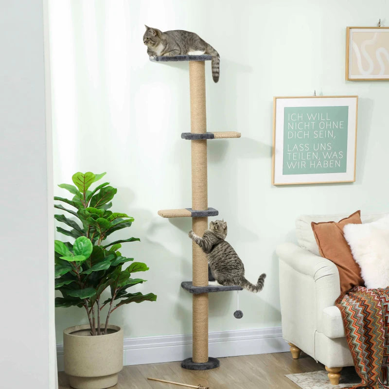 Cat Wall Shelves, Cat Wall Furniture with 4 Platforms, Jute Scratching Post for Indoor Playing, Climbing, Dark Grey