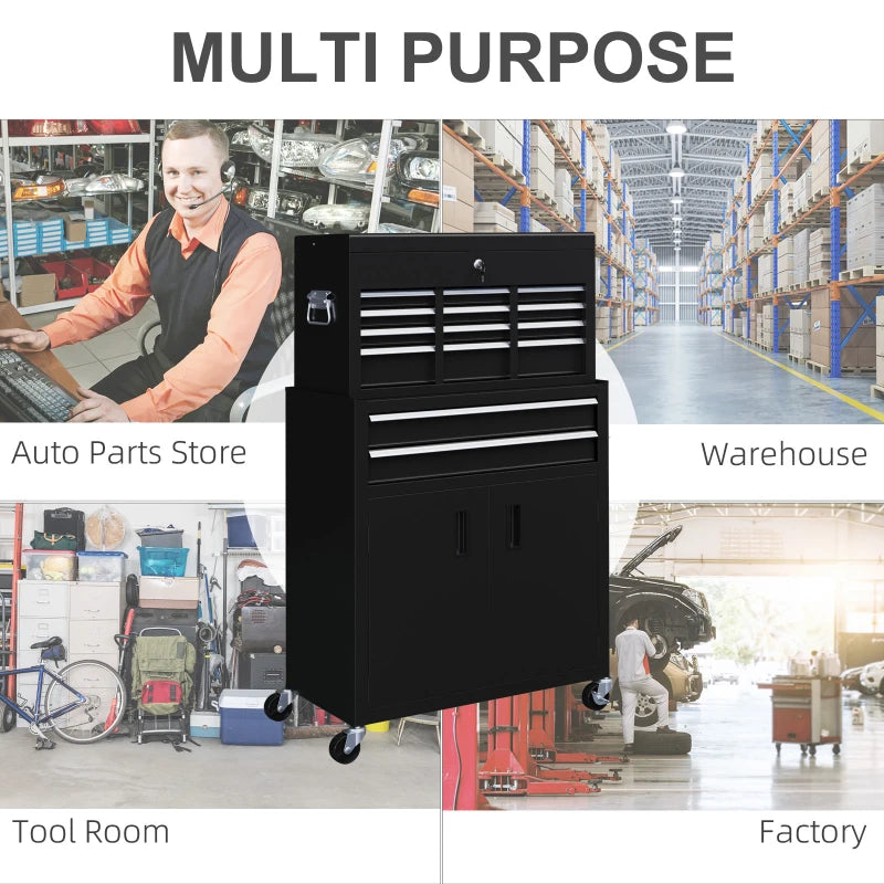 6-Drawer Rolling Tool Chest, 2 in 1 Lockable Storage Cabinet with Hooks, Metal Tool Box for Garage, Workshop, Black