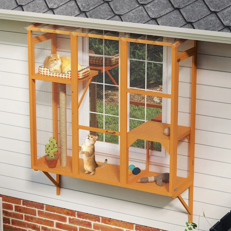 Wooden Catio Outdoor, Cat Window Box Enclosure for 2-3 Large Cats with 2 Jumping Platforms & Scratching Post, Orange