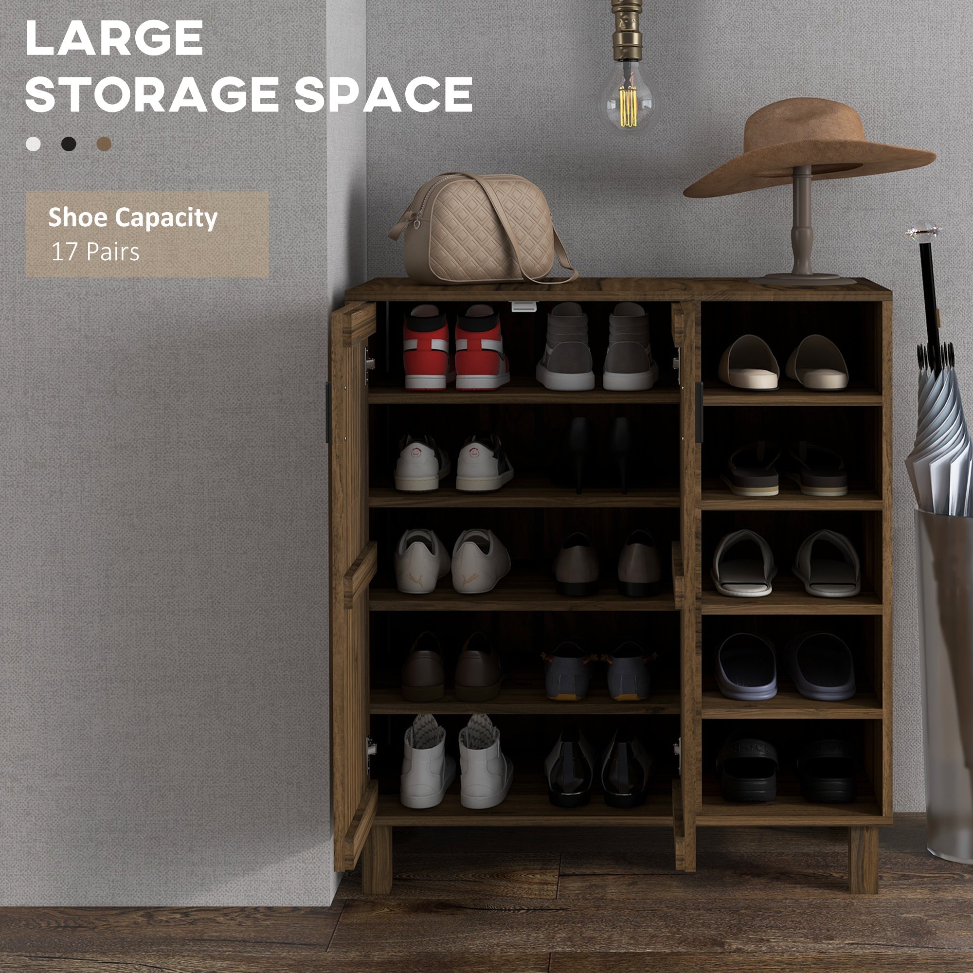 HOMCOM Entryway Elegance: Shoe Organizer with Double Doors, Open Shelves for 17 Pairs, Walnut Finish