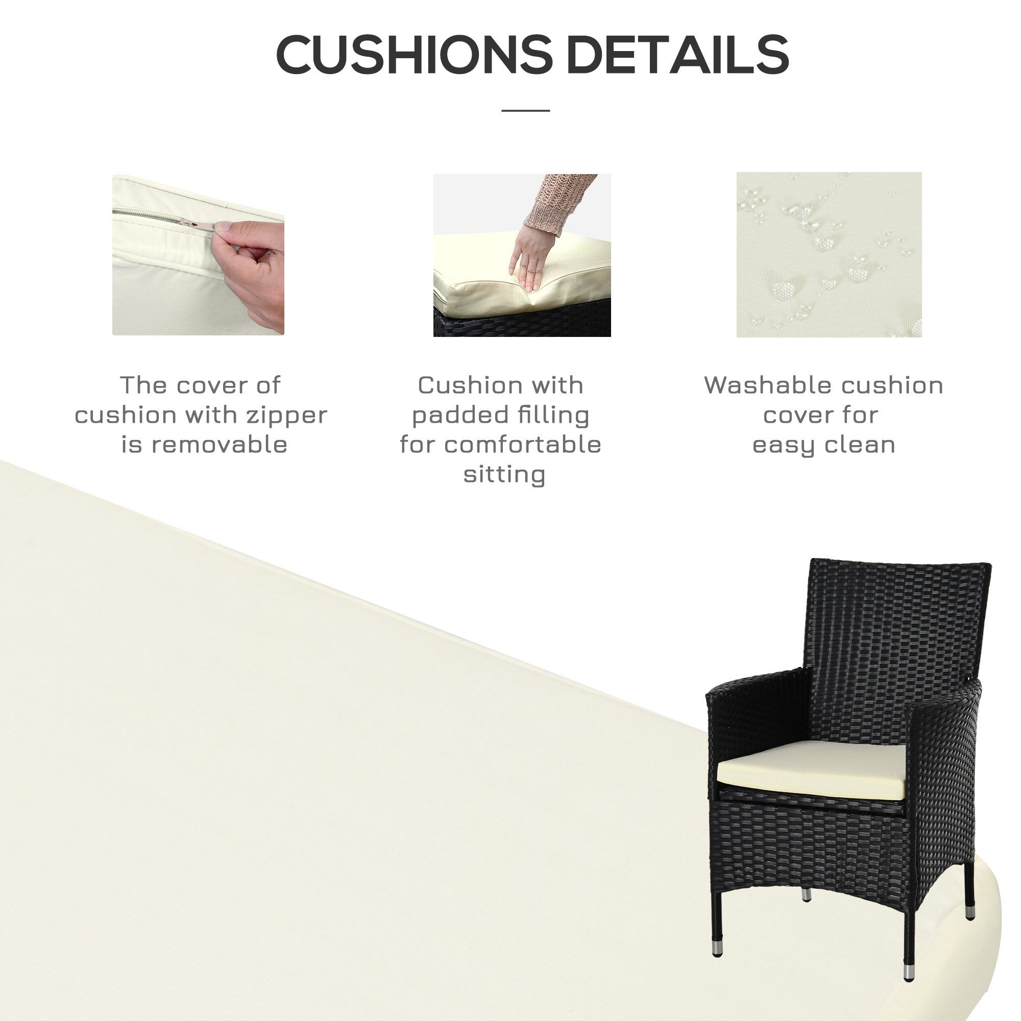 Outsunny 3PC Patio Bistro Set Outdoor Rattan Furniture Two Armchairs Glass Top Coffee Table Porch Black