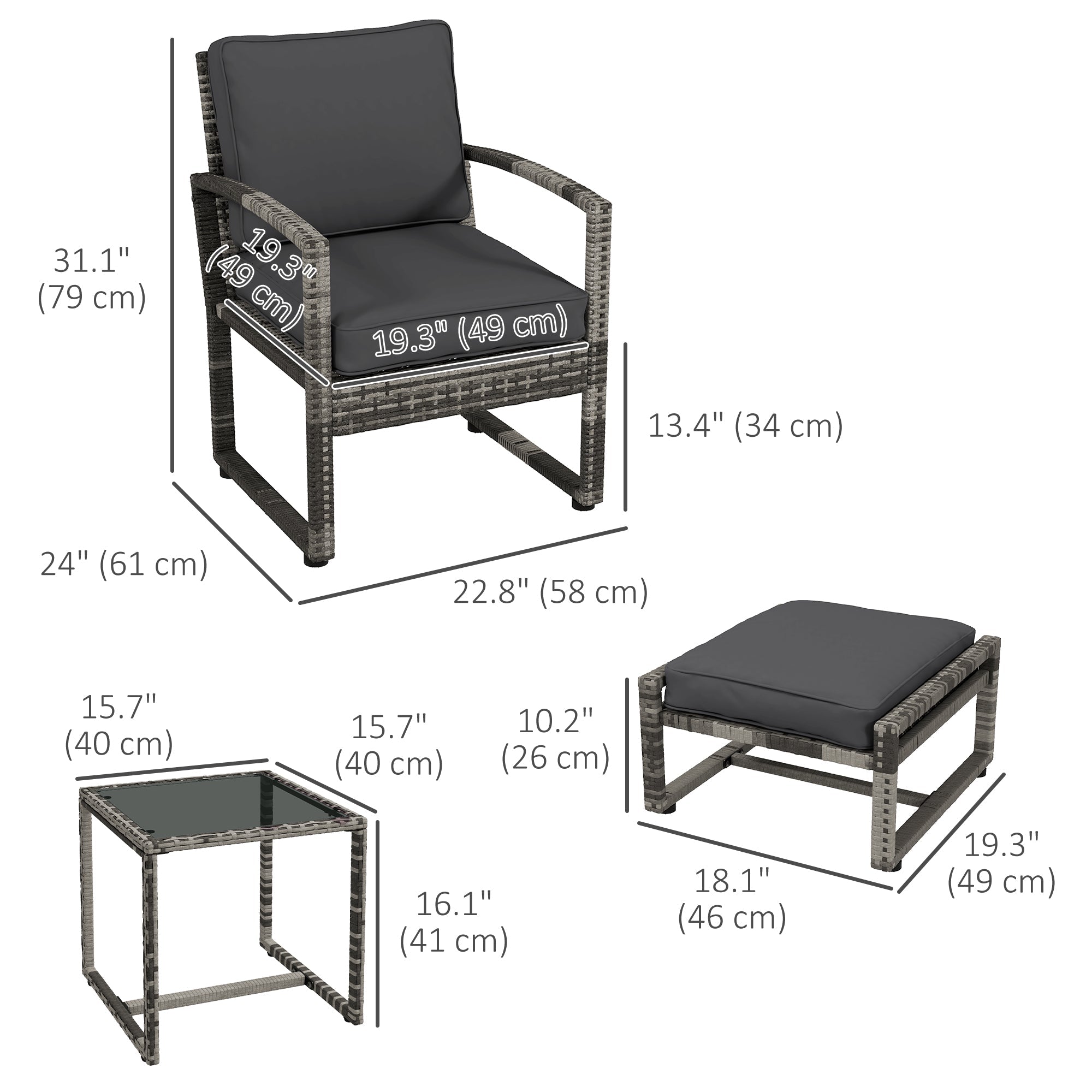 Outsunny 5Pc Patio Set with Armchair Stool Table Cushions Wicker Conversation Sofa Outdoor Garden Furniture