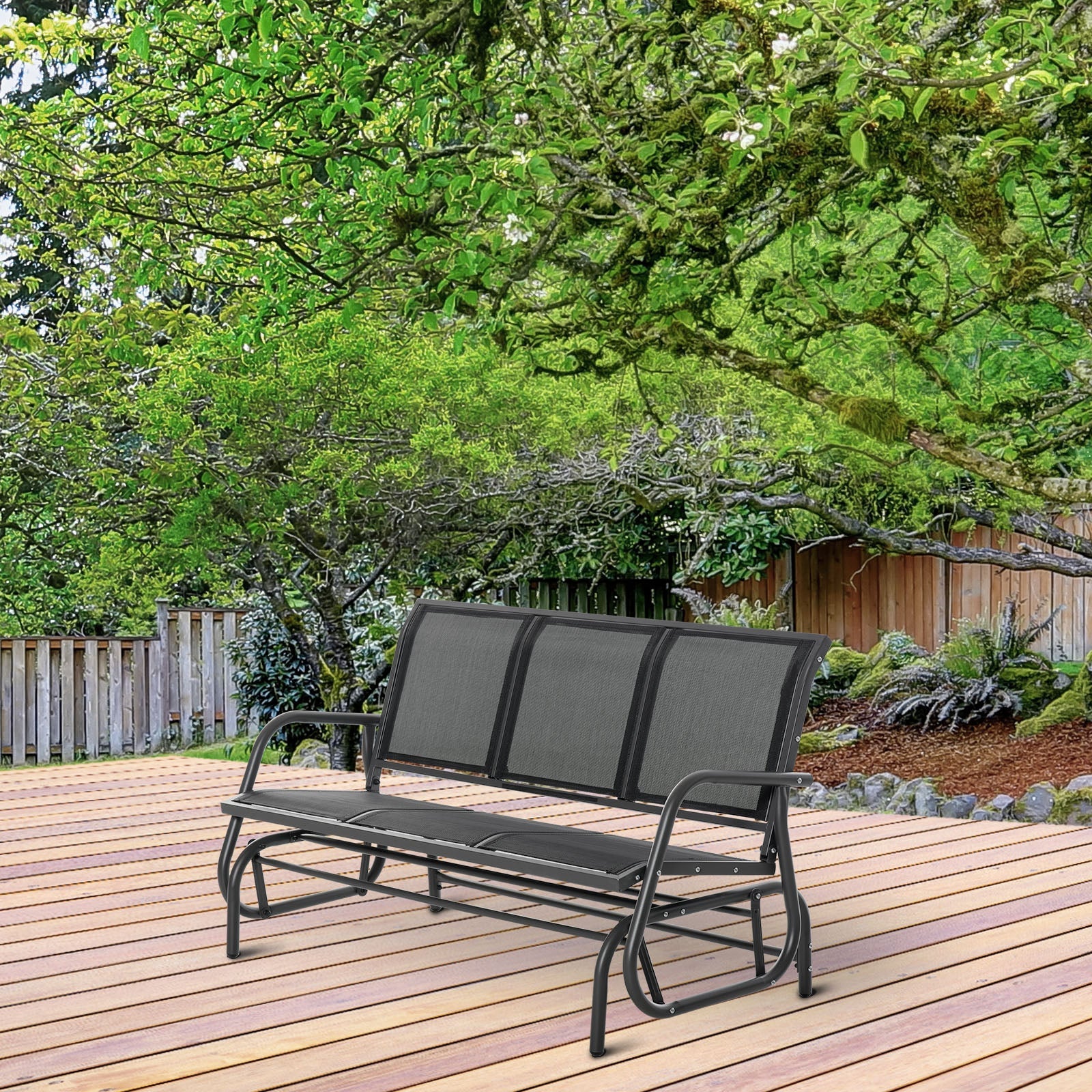 Outsunny 3-Seat Patio Glider Rocking Chair Outdoor Garden Rocker Steel Frame Black Comfortable
