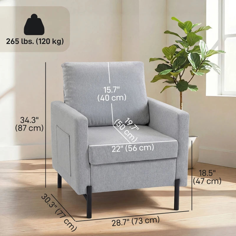 Accent Chair Modern Upholstered Armchair with Side Pockets and Cushion for Bedroom, Living Room, Light Grey