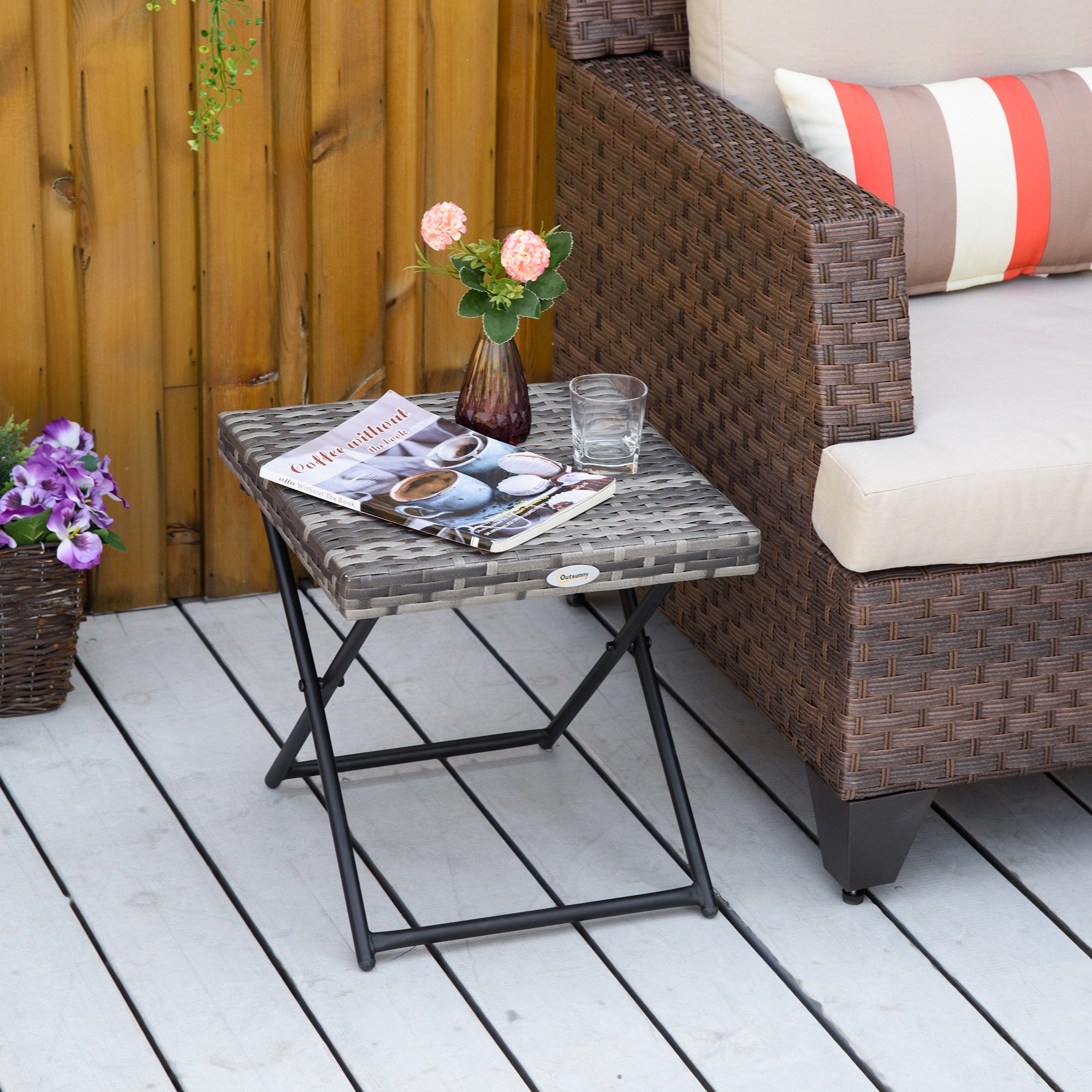 Outsunny Folding Rattan Coffee Table Patio Outdoor Wicker Side Table for Balcony Porch Poolside 15.75"x15.75"x15.75" Brown