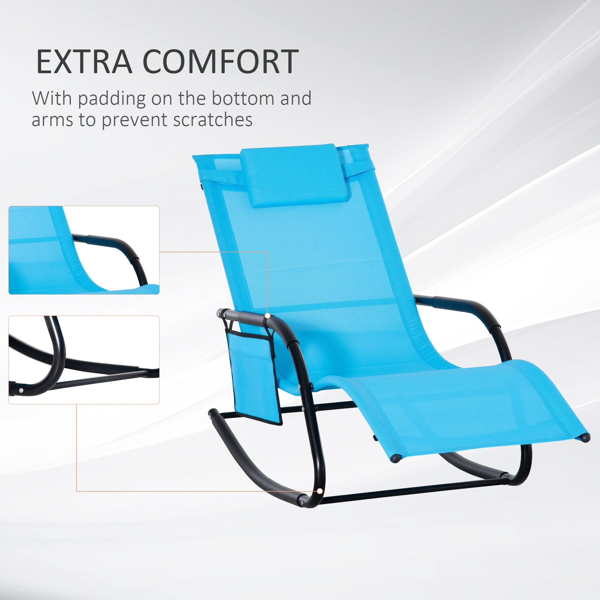 Outsunny Patio Rocking Recliner Chair Sling Fabric Sun Lounger with Headrest Side Pocket for Outdoor Garden Deck Dark Blue