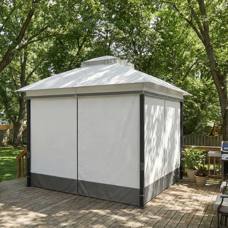 10' x 10' Patio Gazebo with Double Roof, Mesh Netting & Curtains, Steel Frame Outdoor Garden Gazebo, Light Grey