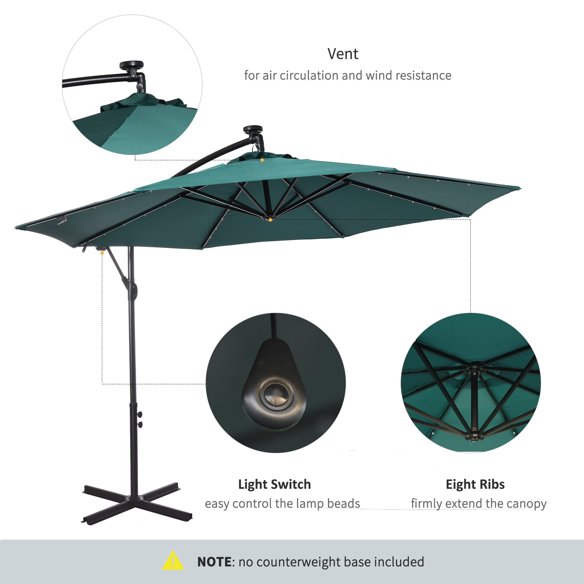 Outsunny 10ft Solar LED Cantilever Umbrella: Outdoor Banana Parasol with Lights & Adjustable Angle for Backyard, Dark Green