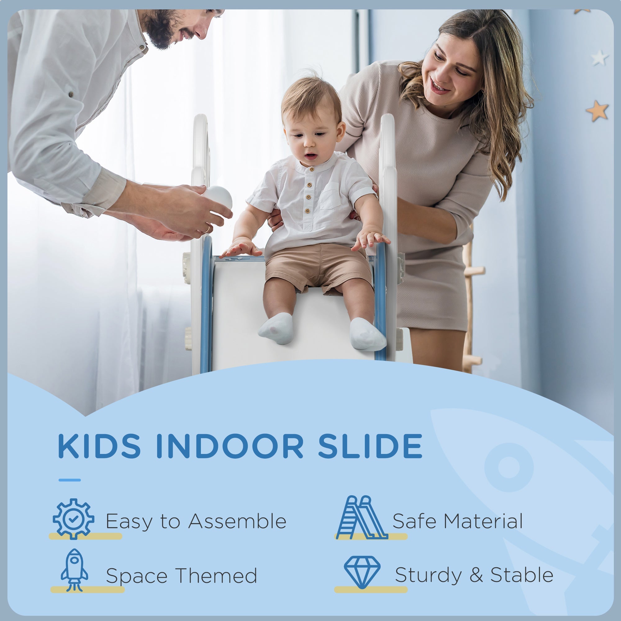 Qaba Space Theme Toddler Slide Indoor Climber Playset Kids 1.5-3 Years Blue Playground Equipment