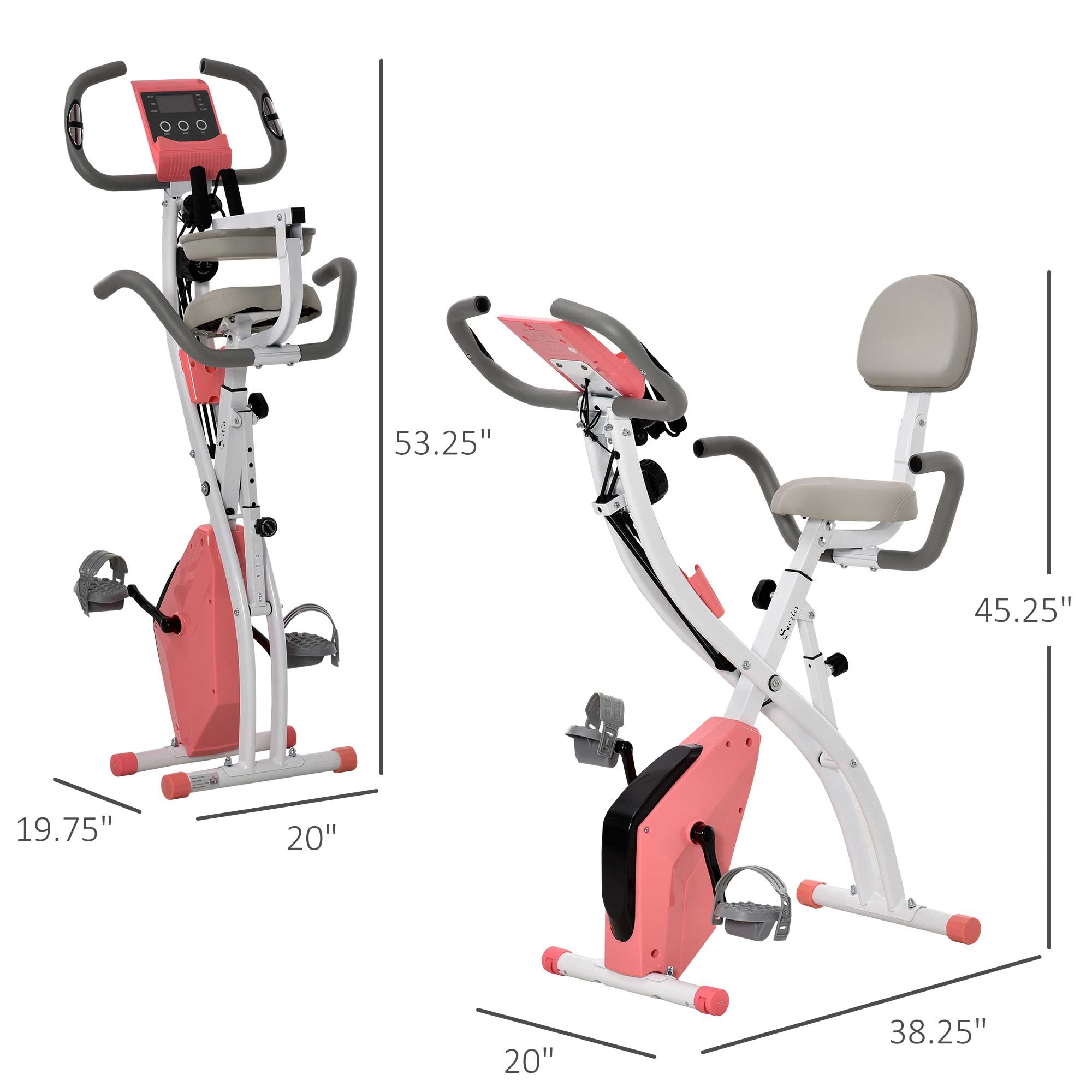 Soozier 2 in 1 Upright Stationary Exercise Bike Foldable Magnetic Recumbent Cycling with Arm Resistance Bands Pink