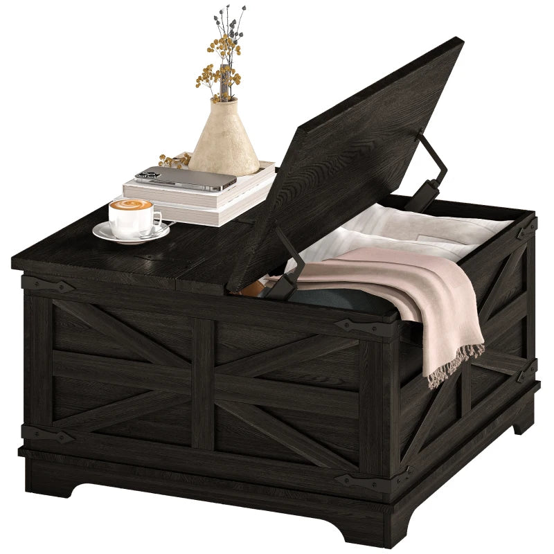 Farmhouse Coffee Table, Square Center Table with Flip-top Lids, Hidden Storage Compartment, Black