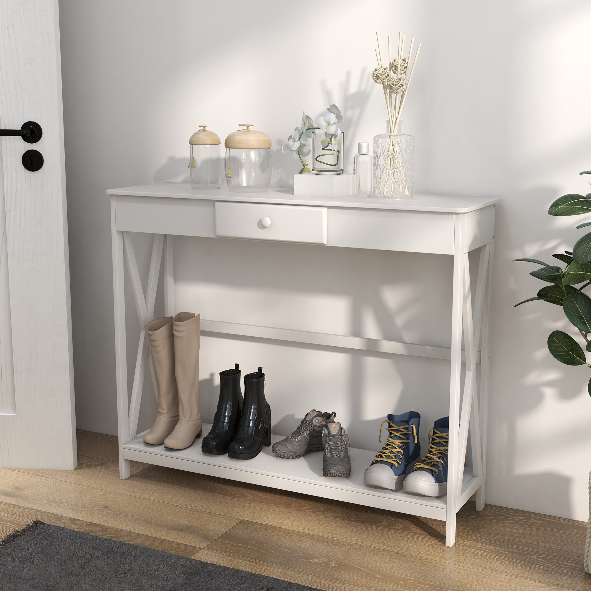 HOMCOM Narrow Console Table Entryway with Drawer Storage Shelf X-frame Slim Sofa Table for Living Room Hallway White