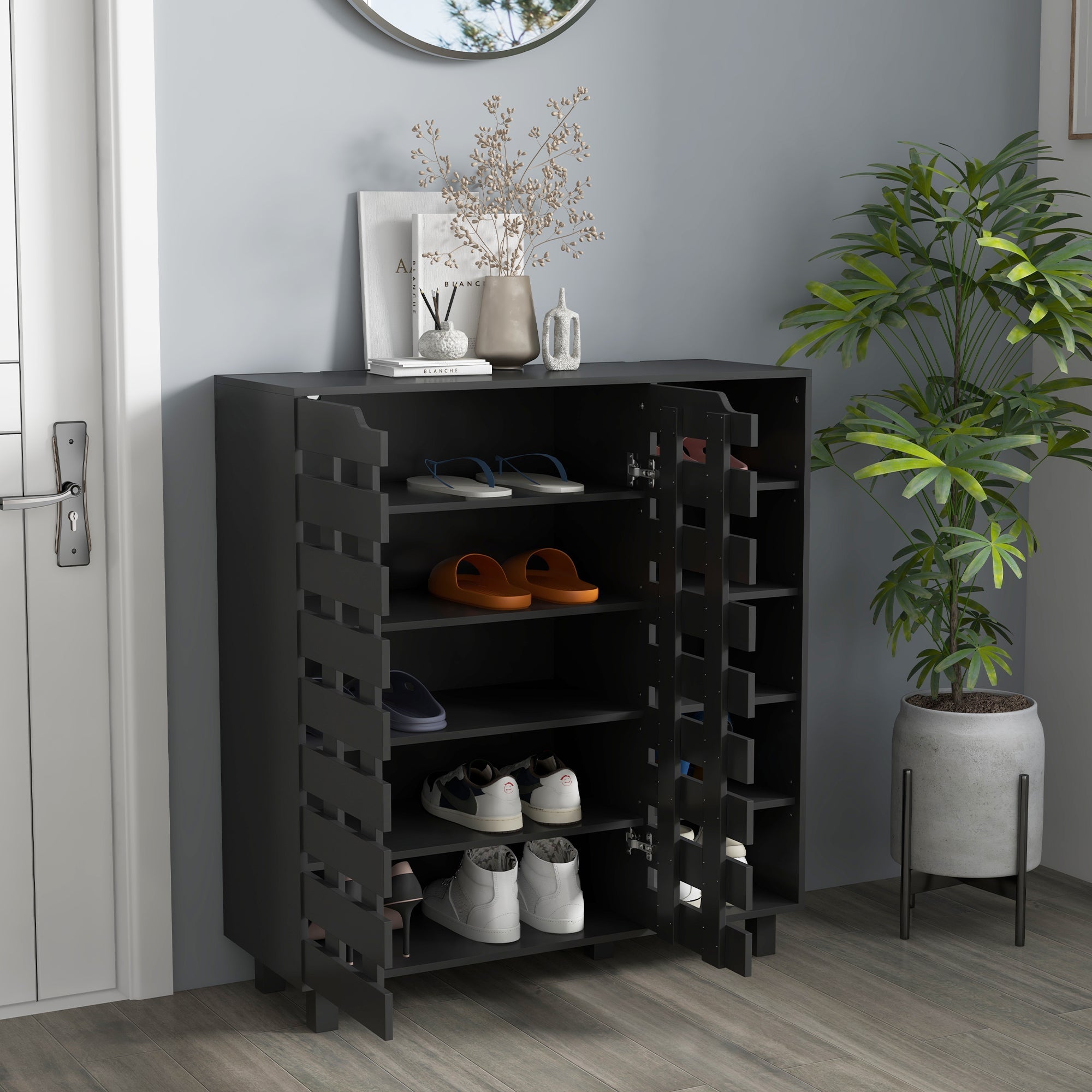 HOMCOM Shoe Storage Cabinet 21 Pair Organizer 5 Tier Double Door Cupboard 5 Tier Open Shelves