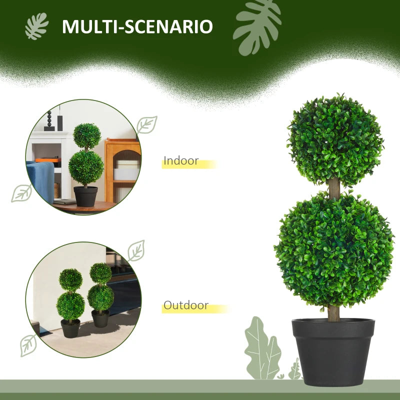 Artificial Boxwood Topiary Tree Set of 2, Faux Boxwood Ball Trees in Pot, Fake Plant for Indoor Outdoor Decor, Green