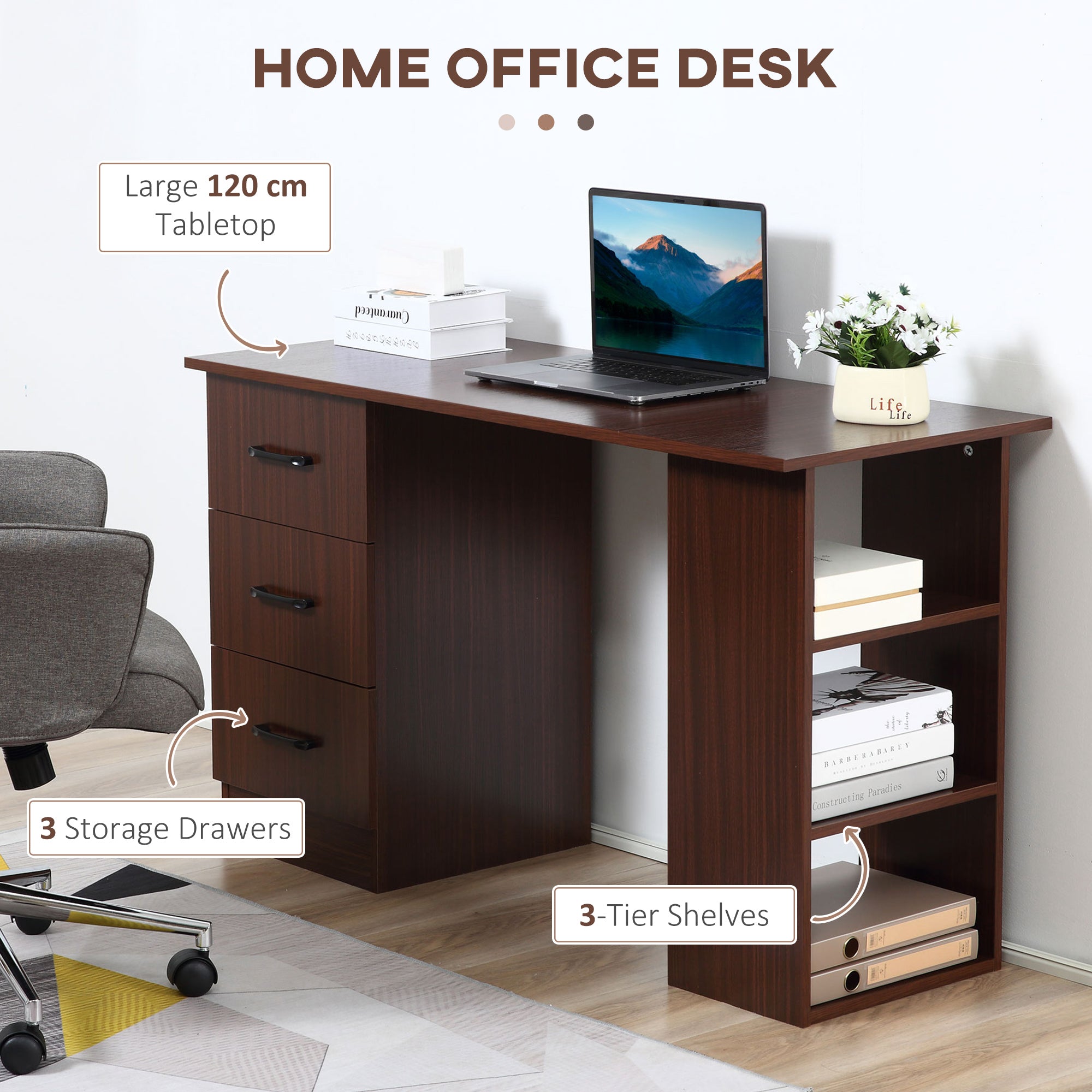 HOMCOM 47" Walnut Home Office Desk with 3-Tier Storage Shelves & Drawers - Elegant Study Writing Table