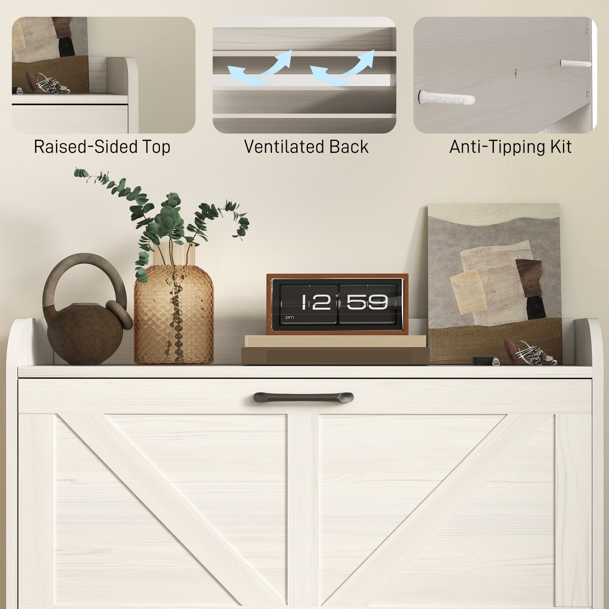 HOMCOM Narrow Shoe Storage Cabinet, Farmhouse Slim Shoe Cabinet with 2 Flip Drawers, Adjustable Shelves, Oak White