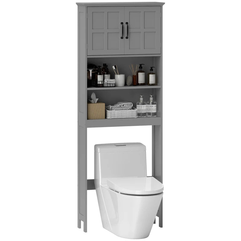 Modern Over The Toilet Storage, Bathroom Cabinets Over Toilet with Open Shelves and Double Door Cabinet, Grey