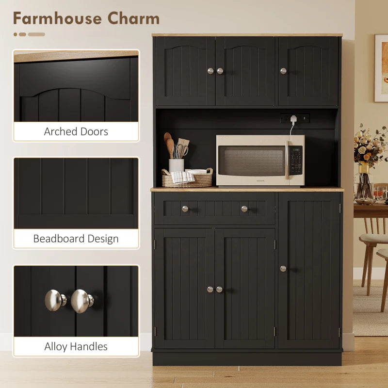 68" Pantry Cabinet with Charging Station, Kitchen Storage Cabinet with Microwave Stand, 4 Door Racks, Black