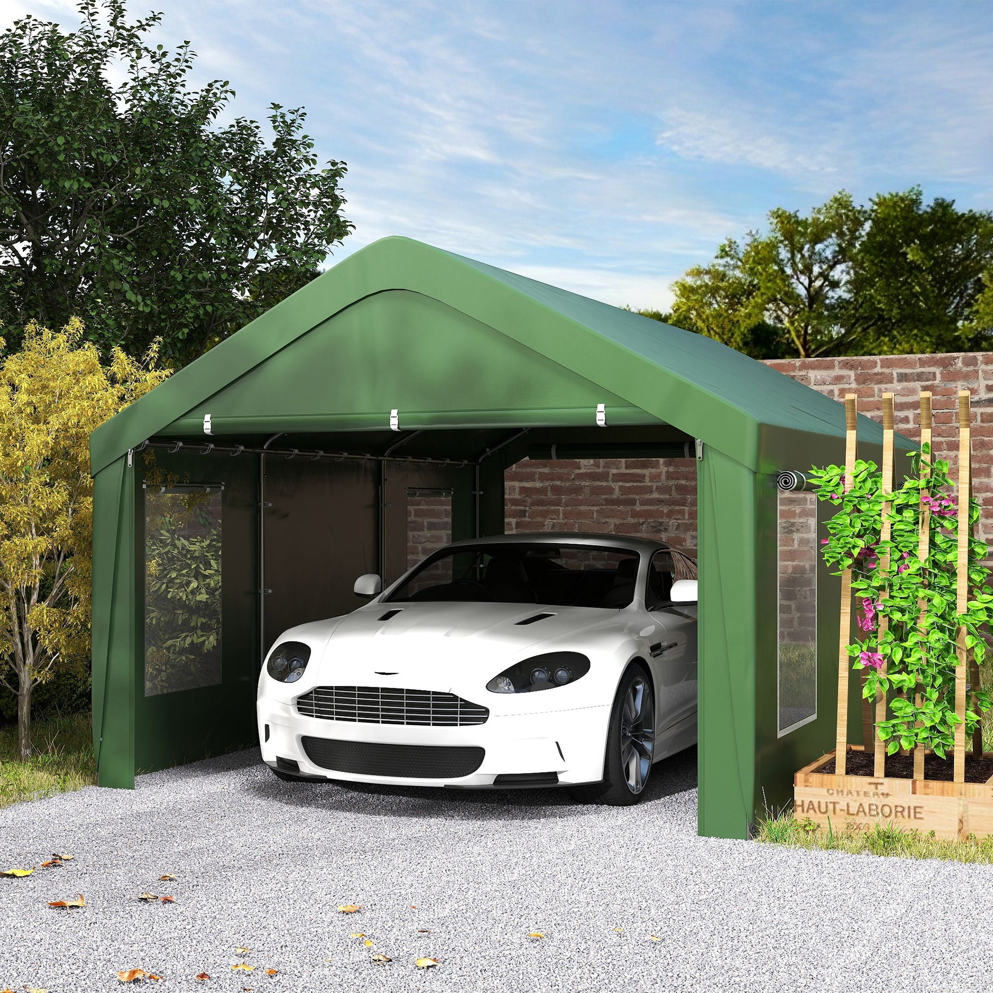 Outsunny 12 x 20ft Carport with 2 Roll-Up Doors, 4 Windows, Portable Garage with Removable Sidewalls for Car, Truck, Dark Green