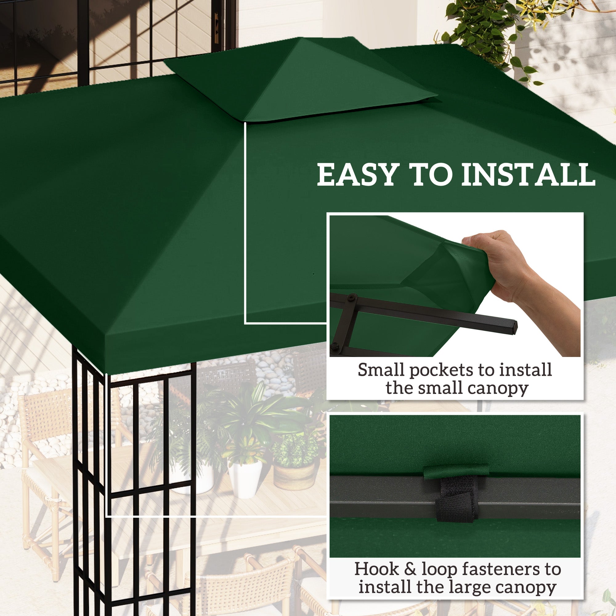Outsunny 9.8' x 9.8' Square 2-Tier Gazebo Canopy Replacement Top Cover Outdoor Garden Sun Shade, Green