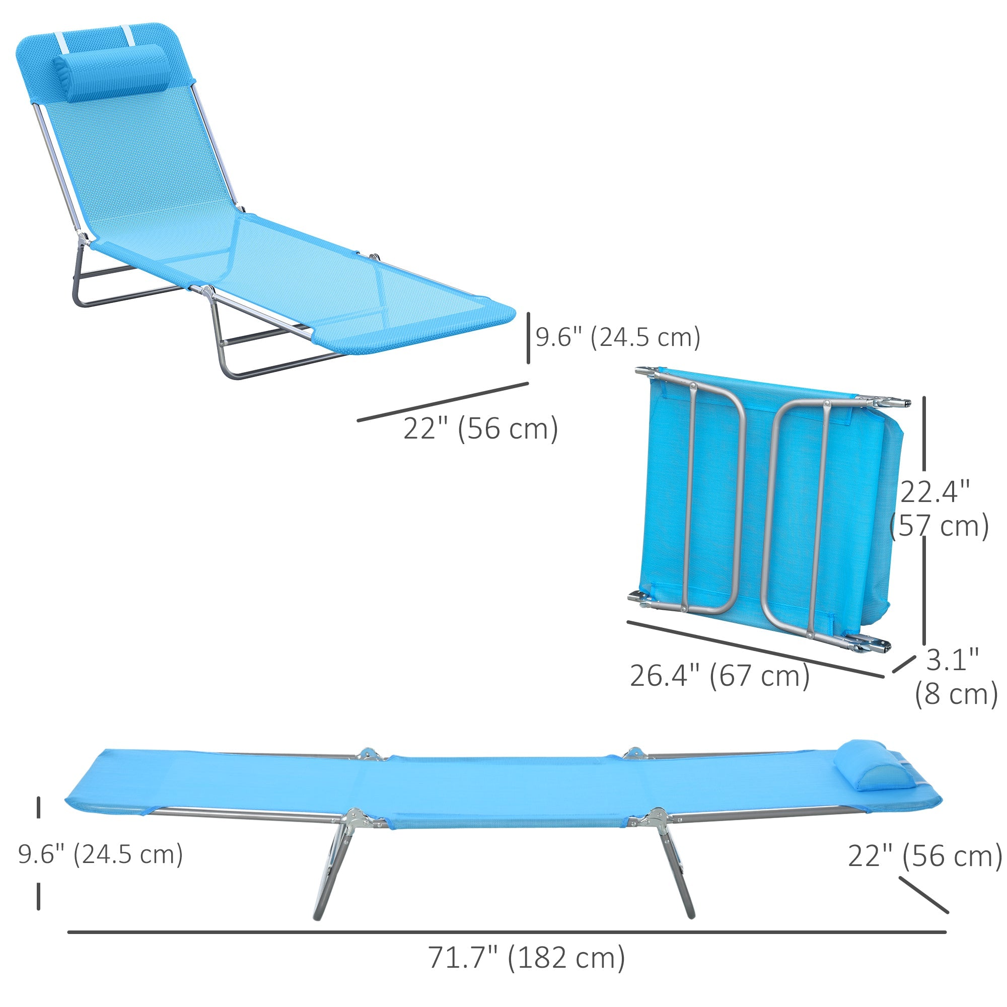 Outsunny Serene Serenity: Folding Reclining Chair, Portable Garden Chaise Lounge with Pillow for Outdoor Camping, Beach, Blue Finish