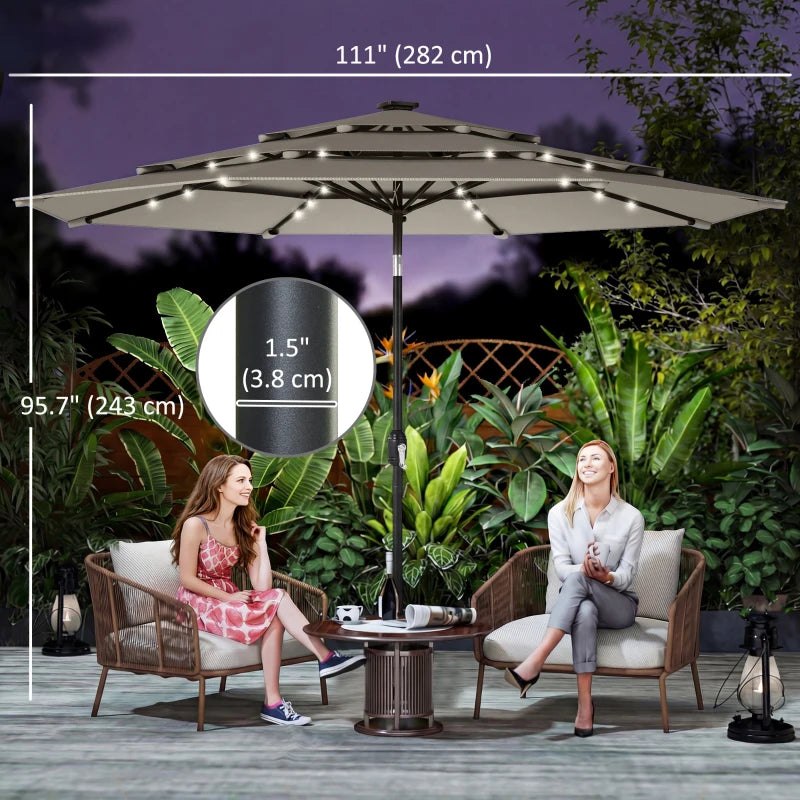9.3 ft Patio Umbrella with Solar LED Lights, Cover, 3 Tier Outdoor Market Table Parasol with Tilt, Crank, Grey