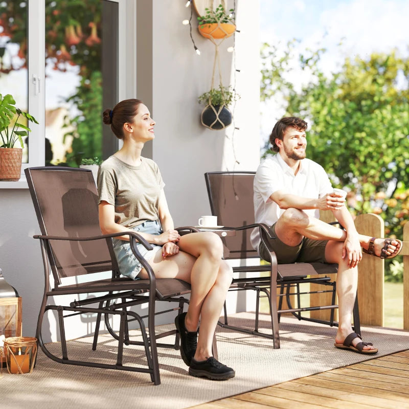 Double Patio Glider Chair with Glass Top Center Table, Outdoor Glider Loveseat with High Back, All Weather Breathable Mesh Fabric for Garden, Backyard, Deck, Brown