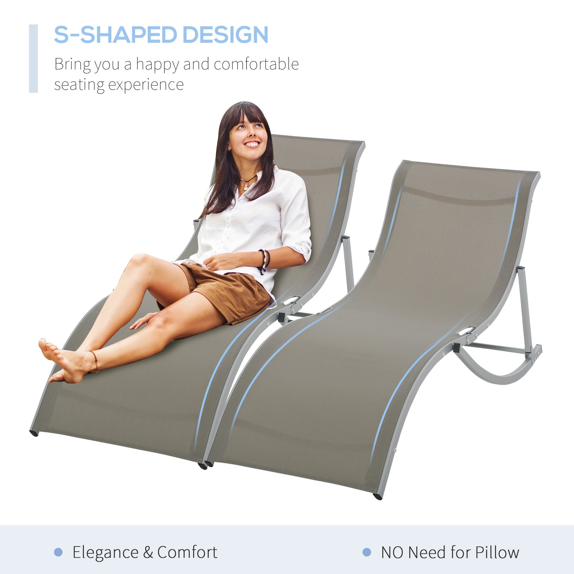 Outsunny Set of 2 S-shaped Foldable Lounge Chair Reclining Outdoor Chair for Patio Beach Garden With 264lbs Weight Capacity, Light Grey