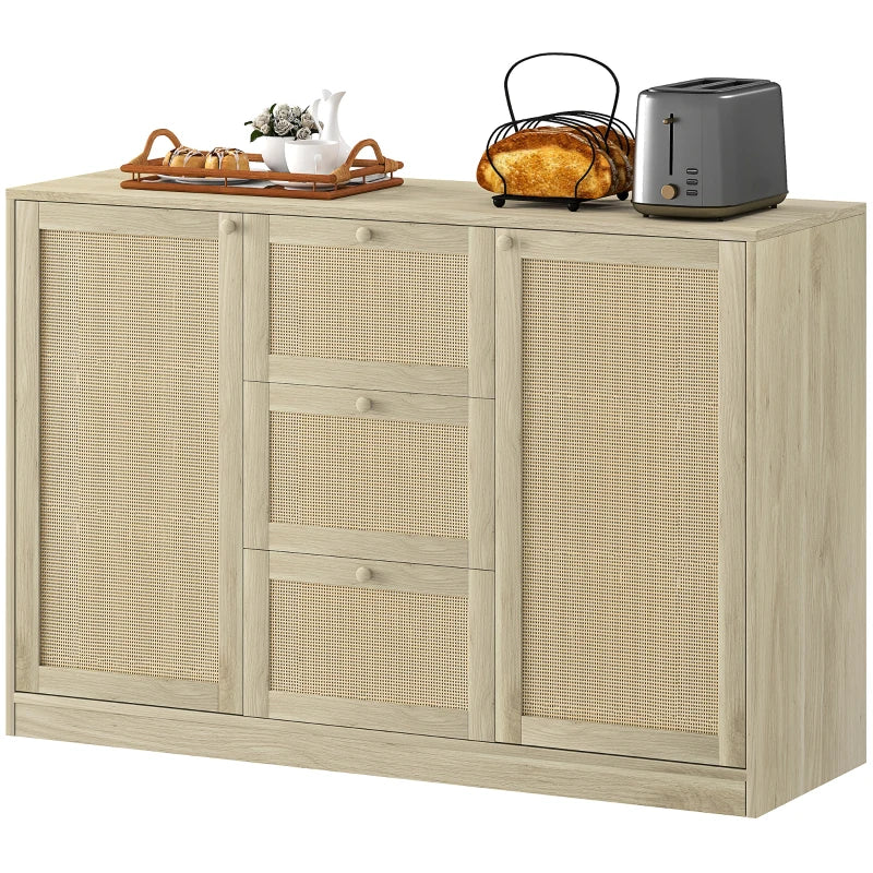 Boho Sideboard Buffet Cabinet, Kitchen Coffee Bar Cabinet with 3 Drawers, 2 Adjustable Shelves and 4 Racks, Natural