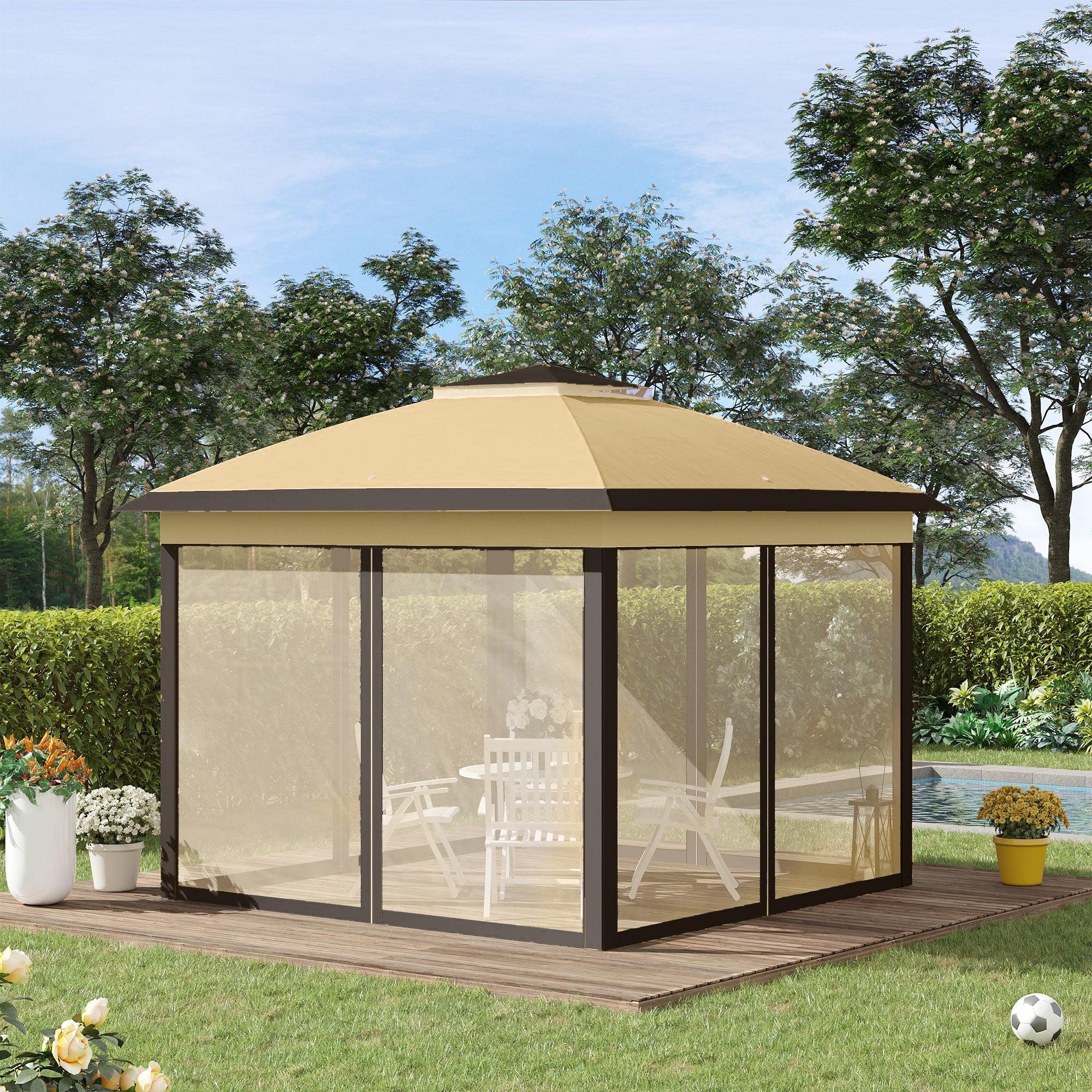 Outsunny 11' x 11' Pop Up Gazebo, Double Roof Foldable Canopy Tent with Zippered Mesh Sidewalls, Height Adjustable and Carrying Bag