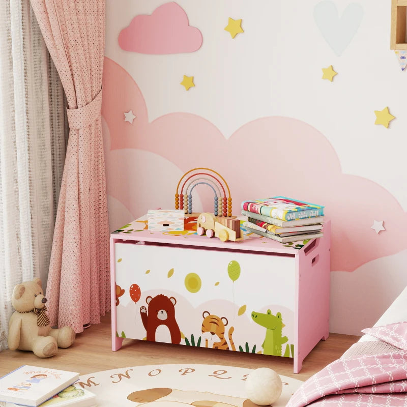 Qaba Kids Storage Chest with Lid, Toy Box Organizer with Safety Hinges for Playroom, Bedroom, Living Room, Pink