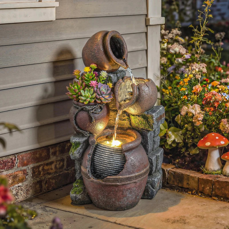 Outdoor Fountain with 4-Tier Rustic Pot Design, Cascading Rock Waterfall with LED Lights and Adjustable Flow