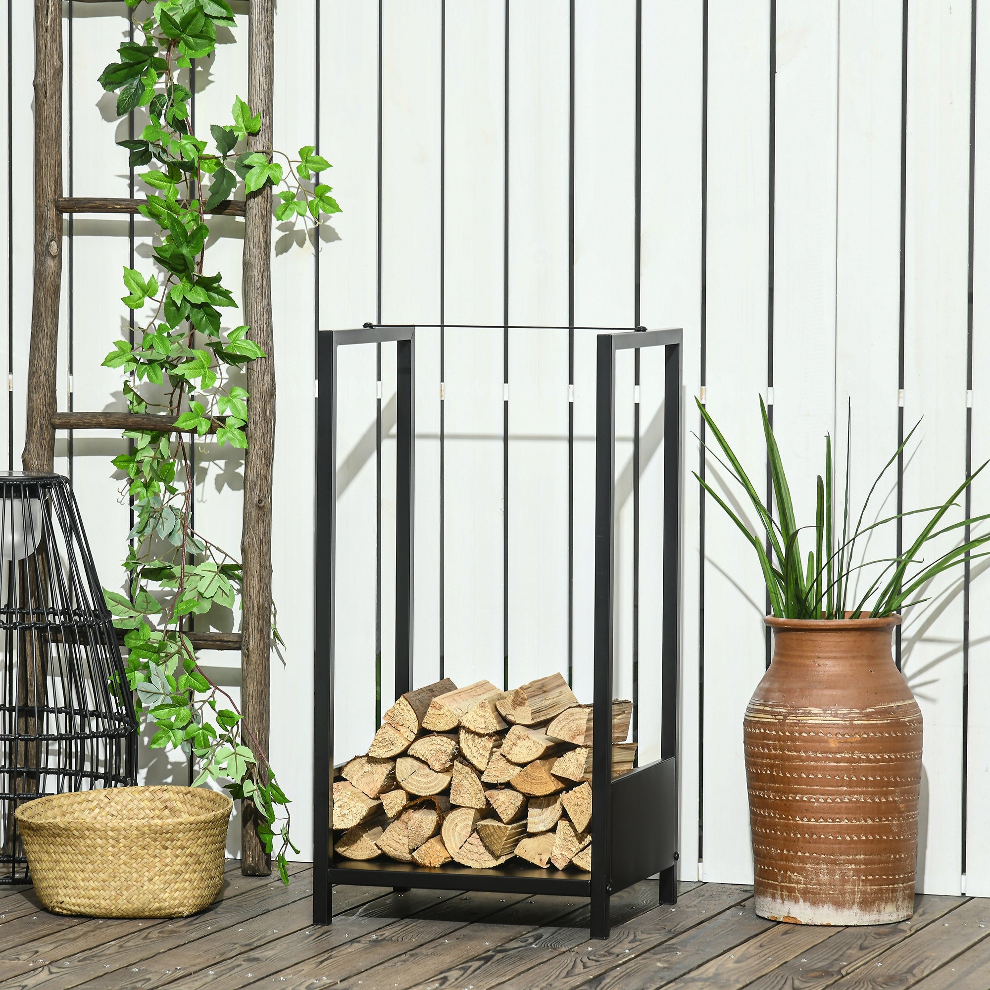 Outsunny Compact Firewood Rack, Indoor/Outdoor Log Holder, Space-Saving Wood Storage Stacker, 15.4" x 13.8" x 29.9", Sleek Black Design