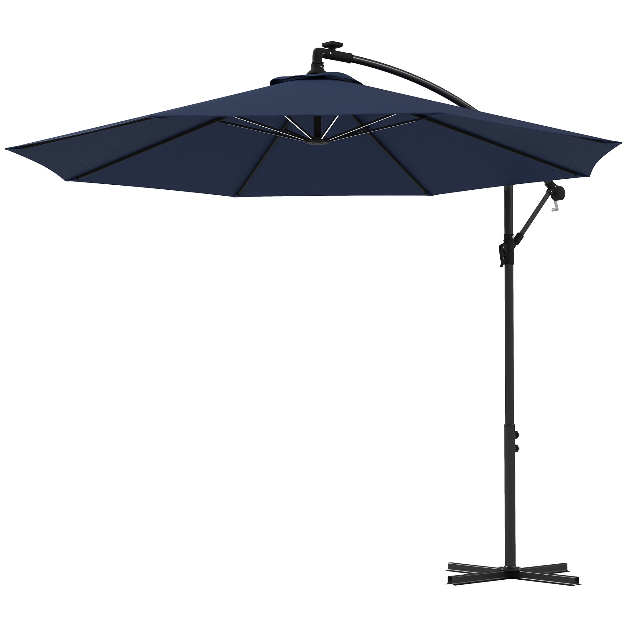 Outsunny 10ft Cantilever Hanging Offset Patio Umbrella Solar LED Lights Crank Cross Base Aluminum Blue