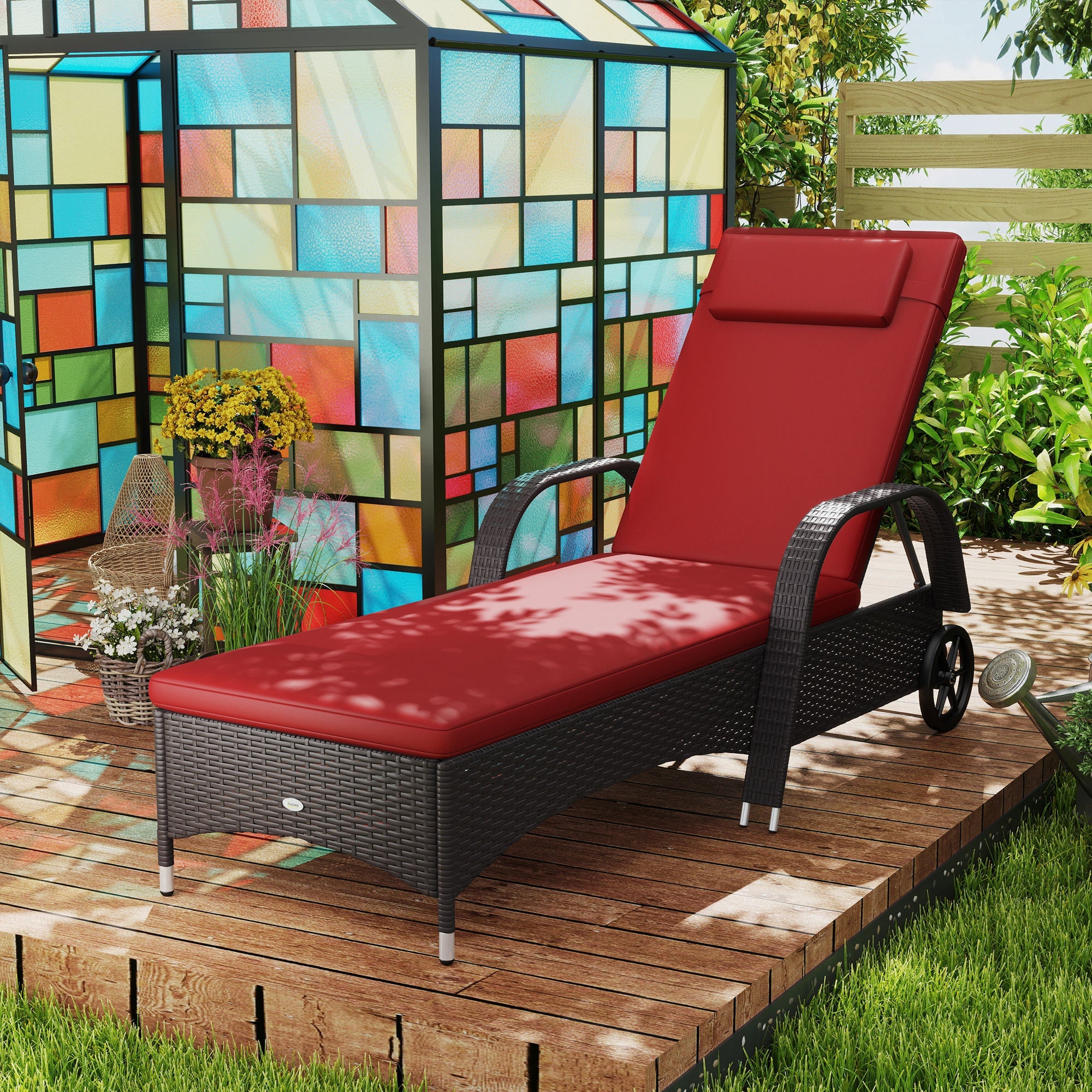 Outsunny Outdoor Lounger, Deck Lounge Chair with Headrest, 5-Level Adjustable, Backrest, Wheels, Deep Coffee and Wine Red