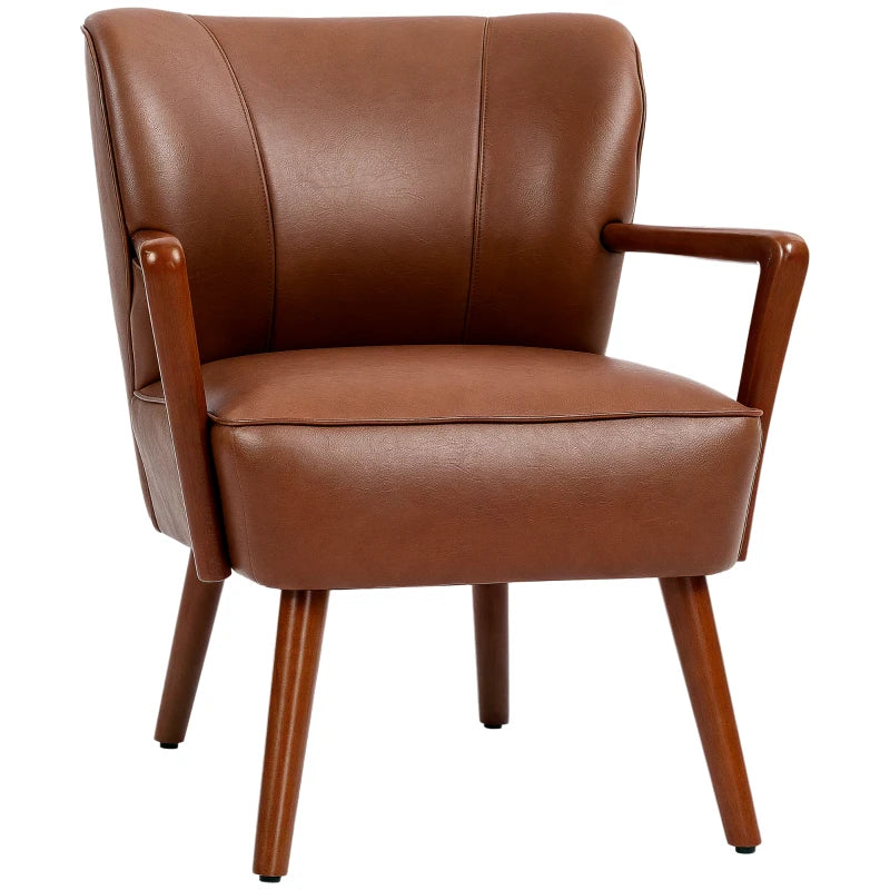 Accent Chair, Modern Armchair, Faux Leather Upholstered Living Room Chair with Wood Legs and Wide Padded Seat, Brown