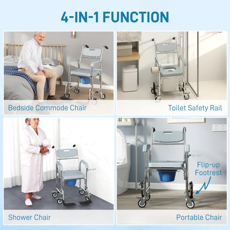 Rolling Shower Chair, Bedside Commode Chair with Wheels, Backrest, Arms, Flip Footrests for Seniors, Disabled, Grey