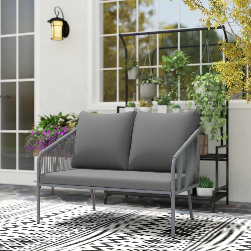 Garden Sofa with Cushions, 2-Seater Outdoor Balcony Rattan Sofa, 112 x 72 x 76 cm, Grey