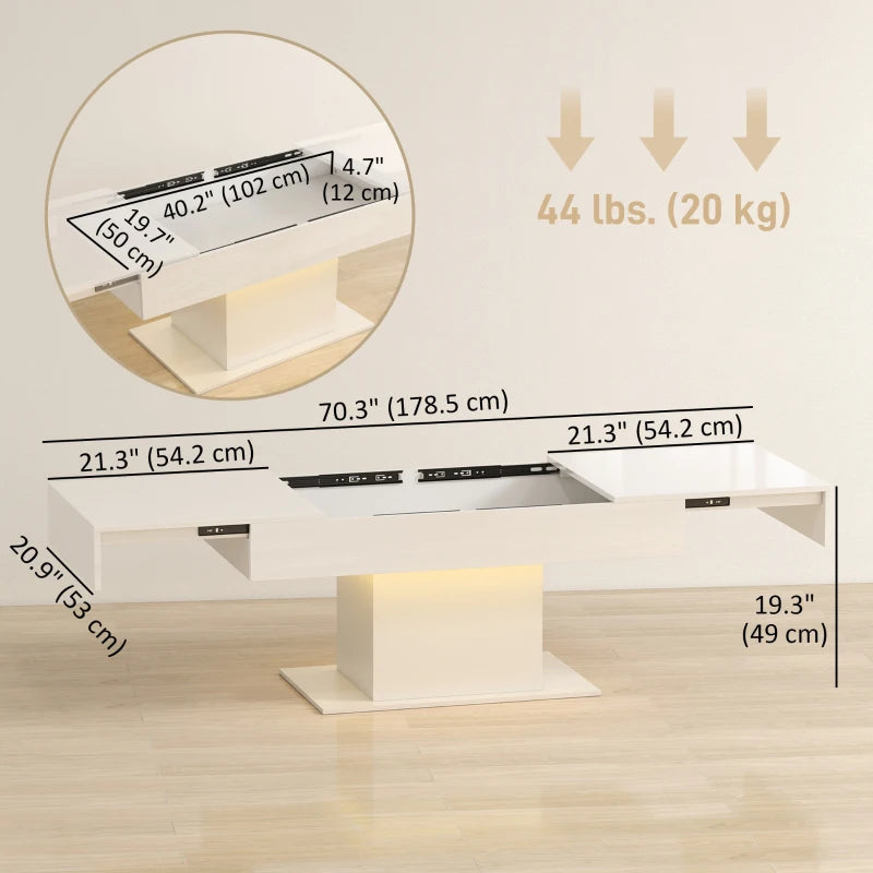 Extendable Coffee Table with LED Lights, Modern High Gloss Center Table with Hidden Storage for Living Room, White