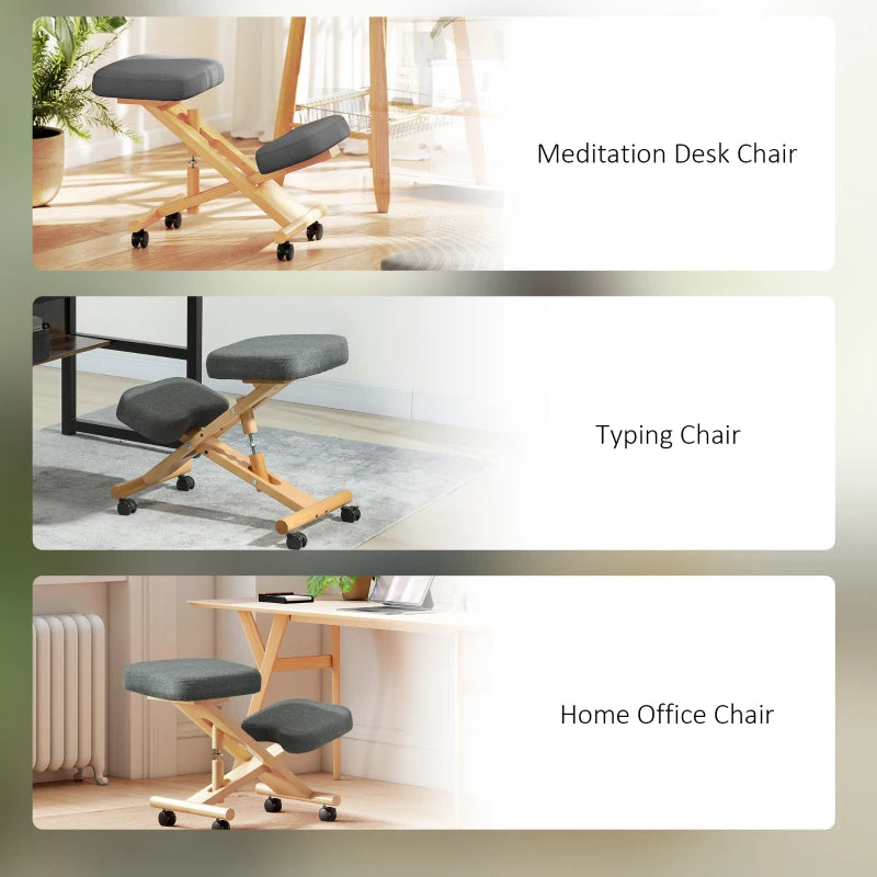 Ergonomic Kneeling Chair, Posture Chair with Rubberwood Frame, Wheels for Office, Posture Correction, Dark Grey
