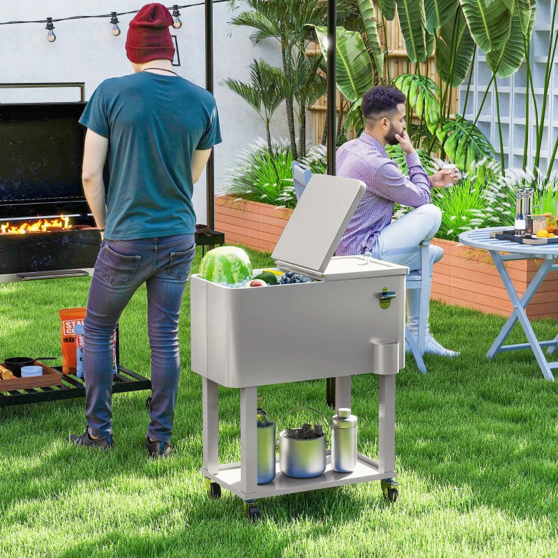 60 Quart Rolling Outdoor Cooler, Portable Rolling Patio Cooler Cart with Locking Wheels, Storage Shelf, Silver