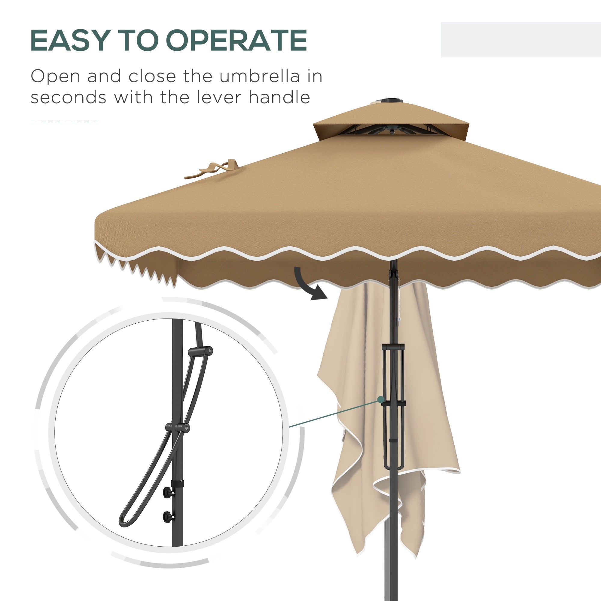 Outsunny 8x8ft Square Double Top Offset Umbrella: Solar LED Lights, Ruffles & Weights for Patio Use, Khaki