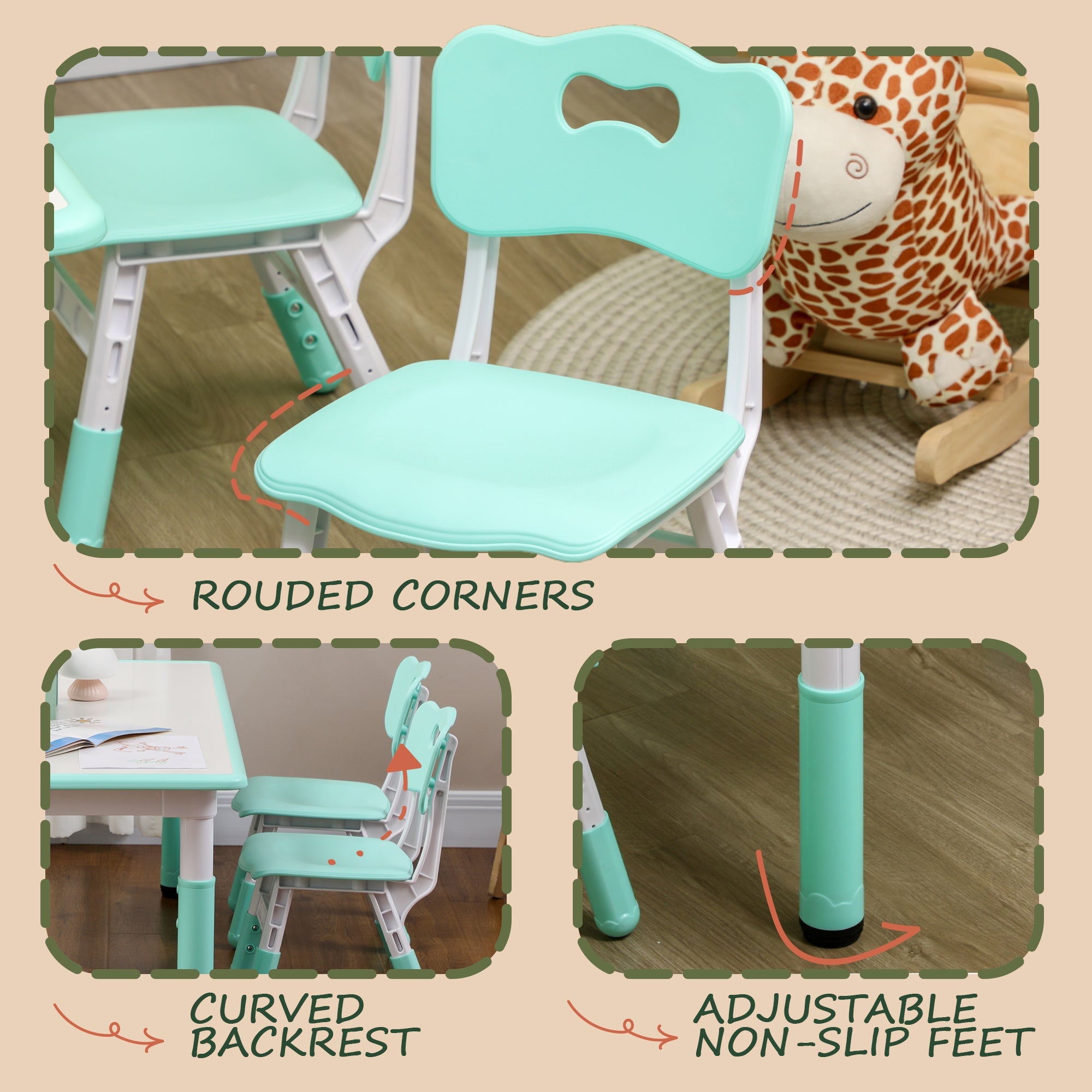 Qaba Kids Table & 4 Chair Set: Adjustable Height, Durable, Easy Clean for Toddlers in Green