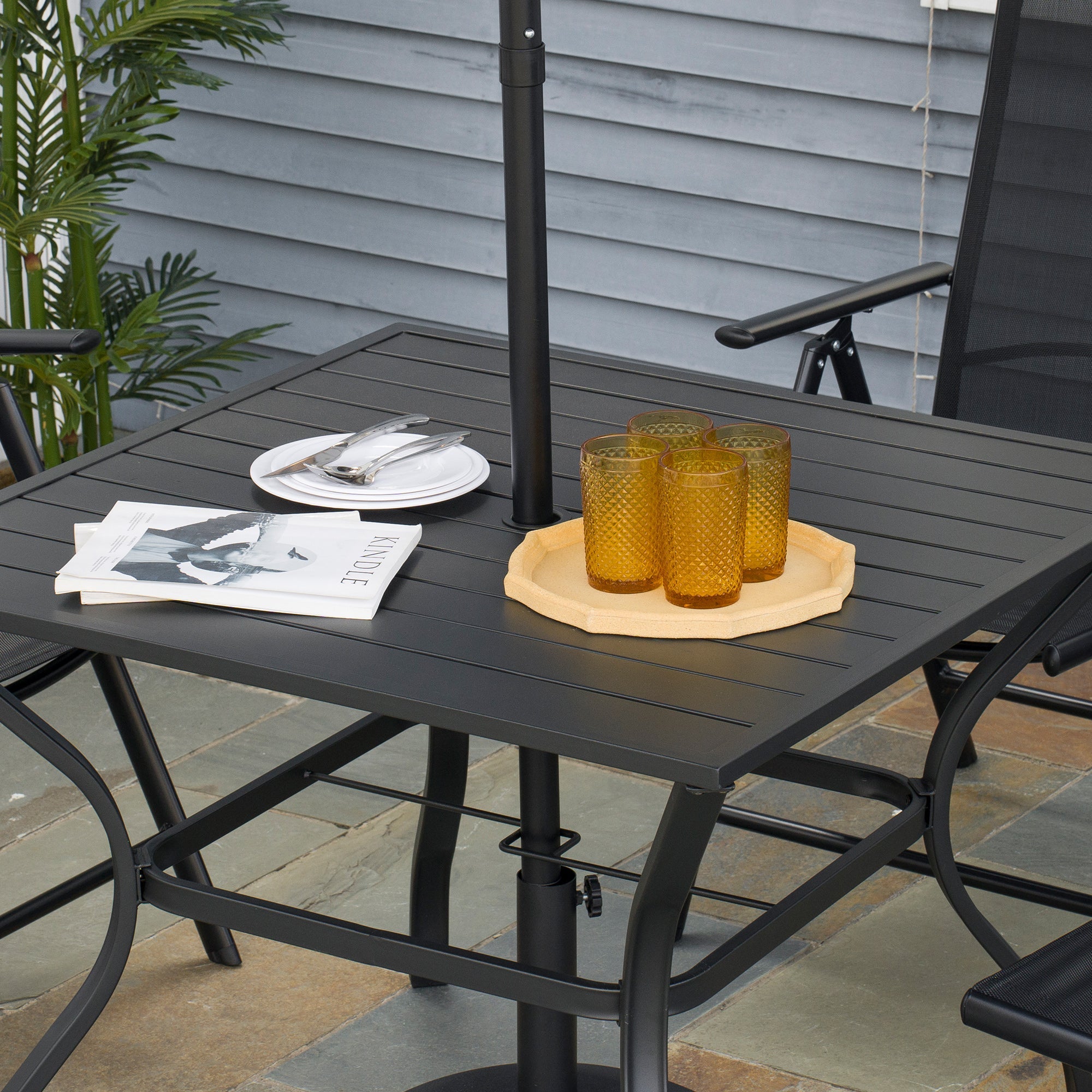 Outsunny Alfresco Dining: 4-Person Outdoor Dining Table with Parasol Hole, Patio Table, Slatted Metal Top for Garden Backyard, Black